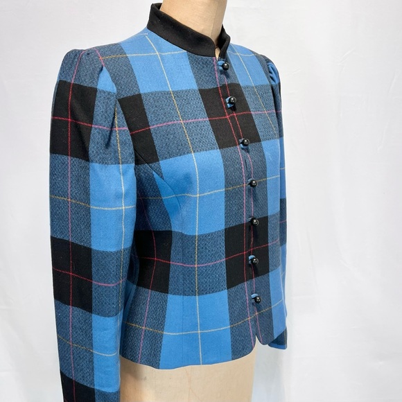 VINTAGE 80s wool tartan plaid blazer jacket button front collarless tailored 90s - Picture 3 of 12